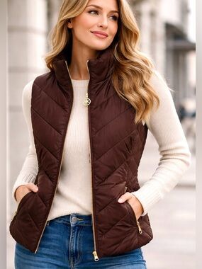 Michael Kors Quilted Puffer Vest Brown Gold Zip NWT Small